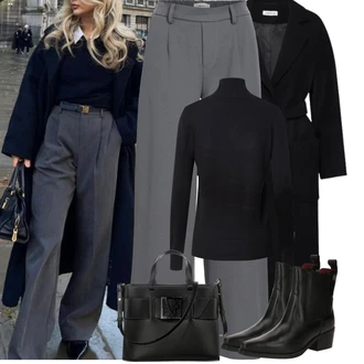 Outfit s Šedá/Tmavě šedá/Světle šedá Široká Kalhoty/Business Kalhoty/Marlene Kalhoty/Palazzo Kalhoty/Kalhoty se Štěrbinou/Plisovaná kalhoty/Kalhoty s nášivkou uprostřed/Kalhoty s Vysokým Pasem/Obleková Kalhoty/Plisovaná Kalhoty Object "Podzimní Outfity"