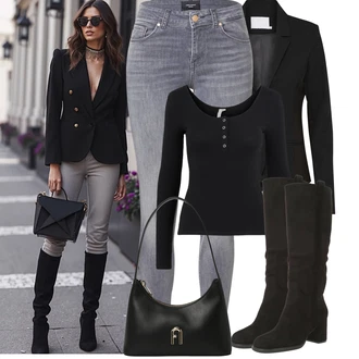 so sponou Outfit s Černá Neformální Sako/Boyfriend Sako/Kožená bunda/Kožená bunda pro muže/Elegantní Sako/Kožená Pánská Bund/Blejzrové Bund/Krátké Sako/Smokingové sako Kaffe "Podzimní Outfity"