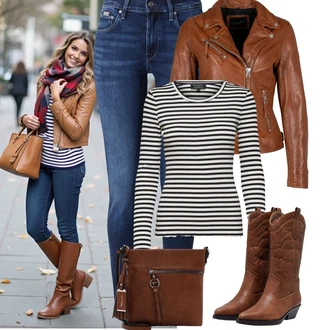 Outfit s Fialová/Hnědá/Černá/Bílá/Tmavě modrá Pruhované Tričko SELECTED FEMME/Selected "Podzimní Outfity"