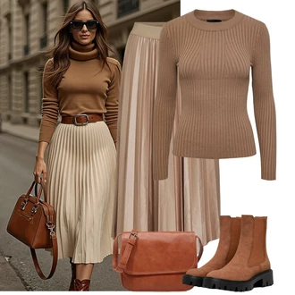 Outfit s Hnědá/Khaki/Béžová/Šedá Basic Svetr/Rolák/Svetr s Kulatým Výstřihem/Termo Svetr/Svetr z Jemné Pleteniny/Jednoduchý Svetr/Svetr s Výstřihem Pieces "Podzimní Outfity"