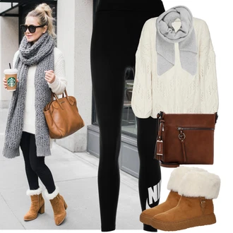 Retro Outfit s Šedá/Světle šedá Šál/Kruhový Šál About You "Podzimní Outfity"Look: Klasické, Pro Dům, Old Money, Skromné, Traditional, Retro, 80tá léta