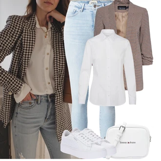 Katoen Bavlna Outfit s Bílá Halenka Blůza s nášivkou na lokti/Slip-on Halenka/Žehlení odolná blůza/Halenka se Stojatým Límcem/Blůza s knoflíčkem/Halenka S 3/4 Rukávem/Businessová Halenka About You "Podzimní Outfity"