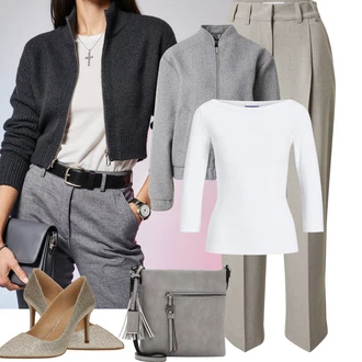 Od 50 let Outfit s Šedá/Béžová/Hnědá/Khaki Business Kalhoty/Kalhoty s nášivkou uprostřed/Obleková Kalhoty/Kalhoty s Vysokým Pasem/Kalhoty se Štěrbinou/Plisovaná Kalhoty/Plisovaná kalhoty Edited "Podzimní Outfity"