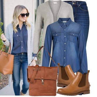 Narozeniny Léto Outfit s Tmavě modrá/Modrá/Světle modrá Džínsová Blůza Vila "Lehký outfit"Look: Bar, Výročí, Biřmování, Párty, Koncert, Večeře, Bazén, Galavečer, Matriční Úřad, 18. narozeniny, Coachella, Popový koncert, Narozeniny