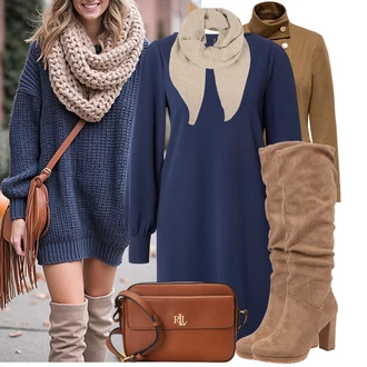 Outfit s Hnědá/Béžová/Šedá Kozačka po Kolena/Klasická kozačka/Kozačka Na Podpatku/Špičatá Kozačka/Bota se širokým nohavici/Dlouhá Kozačka About You "Lehký outfit"