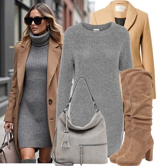 Outfit s Hnědá/Béžová/Šedá Kozačka po Kolena/Klasická kozačka/Kozačka Na Podpatku/Špičatá Kozačka/Bota se širokým nohavici/Dlouhá Kozačka About You "Lehký outfit"