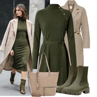 Turistika Outfit s Tmavě zelená Chelsea Boty/Gumová Kotníková Bota/Kožená bunda Only "Módní vzhled na podzim"Look: Turistika, Hunting, Trekking, Na Procházku