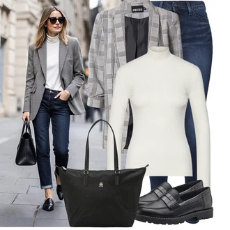 Narozeniny Léto Outfit s Šedá/Béžová/Světle šedá Dlouhý Sako/Oversize Sako/Boyfriend Sako/Kostkované Sako Pieces, Fialová/Bílá/Hnědá/Zelená/Černá Pletený top/Pletené tričko/Roláková Košile Edited "Módní vzhled na podzim"Look: 50. narozeniny, Koncert, Firemní večírek, Škola, Narozeniny, 70. narozeniny, Bar, 18. narozeniny, Banka, Biřmování, Galavečer