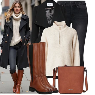 Dlouhé Outfit s ?erná/?edá/Tmav? ?edá Ko?ená bunda/Termální D?íny/Slim Fit D?íny/Zimní bunda/Push up D?ín/Motorká?ské D?íny/Ko?ené Boty/High Waist D?ínové Kalhoty/D?íny s Rozparkem Only "Módní vzhled na podzim"