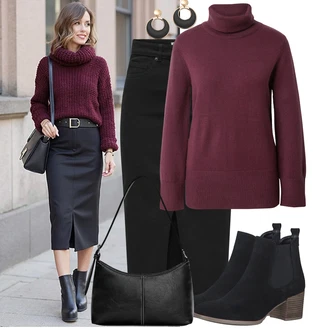 Výročí Outfit s Vínová/Fialová/Tmavě červená Kašmírový Svetr/Svetr na kojení/Jednoduchý Svetr/Rolák/Vlněný Svetr/Svetr s límečkem Only "Módní vzhled na podzim"Look: Křest, Bar, Koncert, Chatky, Galavečer, Výročí, Škola, Zvláštní příležitosti, Valentýn