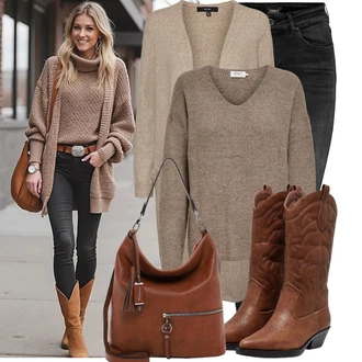 Matka nev?sty Outfit s Khaki/Hn?dá/Bé?ová/?edá Móda Pro Plno?tíhlou Pletenina ve?kej ve?kosti VERO MODA "Outfit na podzim"