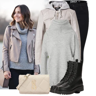 Vodopádový výstřih Outfit s Šedá/Světle šedá/Stříbrný Svetry 2 v 1/Svetr Carmen/Kašmírový Svetr/Svetr s Výstřihem/Vodopádový Svetr/Vlněný Svetr/Svetr s límečkem/Kašmírový Svetr/Rolák/Jednoduchý Svetr/Svetr Niki/Zimní Svetr About You "Outfit na podzim"