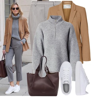 Outfit s Šedá/Béžová/Světle šedá/Hnědá Mušelínové kalhoty/Business Kalhoty/Úzká Kalhoty/Lněné Kalhoty/Chinos/Rovná Kalhoty/Kalhoty se Štěrbinou/Navlékací Kalhoty/Obleková Kalhoty/Kalhoty s nášivkou uprostřed/Bengaline Kalhoty Object "Outfit na podzim"