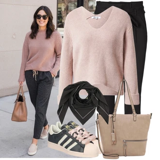 Outfity s kloboukem s ?erná St?menová Kalhoty/Paperbag Kalhoty/Kalhoty s Vysokým Pasem/Pletený Legín VERO MODA, R??ová/Bé?ová/?erná Ko?ené tenisky/Úzká teniska/Vintage teniska/Nízká Teniska/Letní tenisky Adidas Originals, Tmav? ?edá/?erná/?edá ?ál/Bandana Calvin Klein "Outfit na podzim"