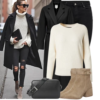 Outfit s Černá Kožená bunda/Termální Džíny/Push up Džín/Kožené Boty/High Waist Džínové Kalhoty/Džíny s Rozparkem/Motorkářské Džíny Only "Outfit v podzimních barvách"