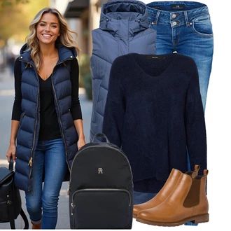 Vodopádový výstřih Outfit s Modrá/Tmavě modrá/Světle modrá Puchová Bund/Dlouhé bundy/Bunda na přetažení přes hlavu/Zimní Bund/Letní peřová bunda/Nafukovací Bund Ragwear "Outfit v podzimních barvách"