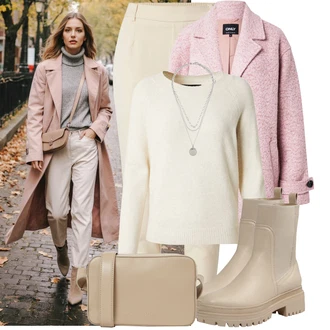 Venkovní Outfit s Hnědá/Béžová/Khaki Chelsea Boty/Kožená bunda/Gumová Kotníková Bota/Plochá Kotníková Bota/Kotníková Bota s Podšívkou About You "Podzimní Look"Look: Šik, Cool, Venkovní, Techno, Unisex