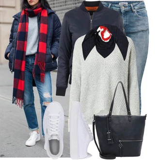 Outfity s kloboukem s Tmav? ?ervená/?erná/?ervená/?edá ?ál/Bandana Tommy Hilfiger "Podzimní Look"