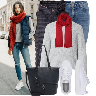 Outfit s Tmavě modrá/Černá Puchová Bund/Bunda s Kapucí/Hybridní bunda/Izolační bunda/Sbalitelné Bund/Nafukovací Bund/Bunda na přetažení přes hlavu/Letní peřová bunda/Nepromokavý Bund/Zimní Bund Tommy Hilfiger "Podzimní Look"