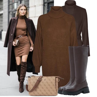 Outfit s Černá/Hnědá/Tmavě hnědá/Béžová Pletené Šaty/Šaty S Rolákem/Svetrové Šaty/Zimní Pletené Šaty Noisy may "Podzimní Look"