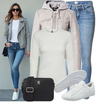 Outfit s Modrá/Světle Modrá Kožená bunda/Push up Džín/Kožené Boty/Džíny s Rozparkem/Kotníková Bota/Džín s Nízkým Pasem/Džíny s Nízkým Sedem/Slim Fit Džíny Mustang "Podzimní Look"