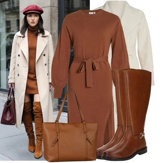 Narozeniny Podzim Outfit s Hnědá/Béžová/Khaki/Bílá Lehký Kabát/Midi Kabát/Vlněný Kabát/Pletený Kabát/Dlouhý kabát/Kašmírový Kabát/Vlněný kabát/Lodenový kabát/Trenčkot Vila "Podzimní Look"Look: Bar, 60. narozeniny, Koncert, Firemní večírek, Den matek, Škola, Zvláštní příležitosti, 40. narozeniny, Narozeniny