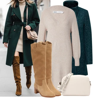 Outfit s Hnědá/Béžová Kozačka Na Podpatku/Bota se širokým nohavici/Špičatá Kozačka/Jezdecká Bota/Kozačka po Kolena/Vintage kozačka/Klasická kozačka/Dlouhá Kozačka/Kovbojská Bota Polo Ralph Lauren "Podzimní outfit na volný čas"