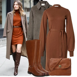 Moderní Matka nevěsty Outfit s Hnědá/Tmavě hnědá Šaty s Páskem/Šaty na Podzim/Dlouhé pletené šaty/Zimní šaty s dlouhým rukávem/Svetrové Šaty/Šaty S Rolákem/Zimní Pletené Šaty About You "Podzimní outfit na volný čas"Look: Rad, Emo, Elegantní, Moderní, Kancelář, Příliš oblečený, Old Money