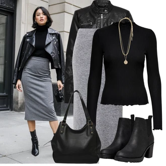 Outfit s Černá/Červená Motorkářské Bund/Kožené Bund/Motorkářská bunda/Bunda z Umělé Kůže Only, Černá Kotníková Bota s Podšívkou/Chelsea Boty/Kožená kotníková bota/Gumová Kotníková Bota/Kožená bunda Only, Černá Pletený top/Pletené tričko/Roláková Košile Only, Černá/Hnědá Velká taška/Obchodní Taška/Taška/Kancelářská Taška/Brašna/Shopper taška/Sportovní Taška Přes Rameno About You, Béžová/Zlatý/Žlutá Jemný Řetízek/Bohatě zdobený náhrdelník/Collier/Statement náhrdelník Pilgrim "Podzimní outfit na volný čas"