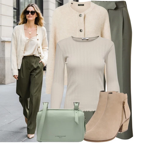 Kombinace Khaki/Zelená/Tmavě Zelená Business Kalhoty/Obleková Kalhoty/Kalhoty s Vysokým Pasem/Mušelínové kalhoty/Kalhoty se Štěrbinou/Paperbag Kalhoty/Plisovaná kalhoty/Široká Kalhoty/Plisovaná Kalhoty About You