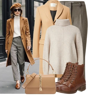 Outfit s Hnědá/Tmavě Hnědá/Béžová Šněrovací Kotníková Bota/Klasická kozačka/Bojová Bota/Plochá Kotníková Bota/Kožená kotníková Bota/Vintage Kotníková Bota TEN POINTS "Podzimní outfit pro každý den"