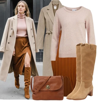 Oblečení se sukní Egirl s Růžová/Fialová/Hnědá Basic Svetr/Kašmírový Svetr/Svetr z Jemné Pleteniny/Mohair Pullover/Jednoduchý Svetr/Vlněný Svetr Vila "Podzimní outfit pro každý den"Look: 60. Let, Ležérní, Klasické, Egirl, Elegantní, Pro Dům, Univerzitní