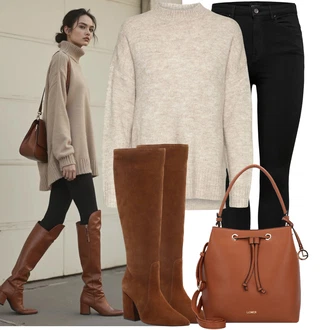 Outfit s Tmavě hnědá/Hnědá Špičatá Kozačka/Jezdecká Bota/Kozačka po Kolena/Bota se širokým nohavici/Kozačka Na Podpatku/Dlouhá Kozačka About You "Trendový podzimní outfit"