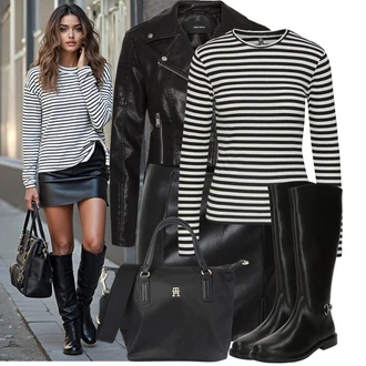 Oblečení se sukní Egirl s Tmavě modrá/Bílá/Hnědá VERO MODA "Trendový podzimní outfit"Look: Šik, Splývavé, S Mokrým Vzhledem, Francouzské, Krásný, Egirl, Sexy, Moderní, Disko, Cool