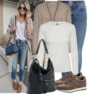 Kůže Outfit s Tmavě Hnědá/Šedá/Hnědá/Béžová Teniska Kožené Tenisky/Nízká Teniska/Úzká Teniska/Tenisky s Bočním Zipem/Bota Na Pěší Turistiku Tamaris "Trendový podzimní outfit"