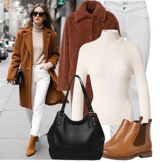 Outfit s Oranžová/Červená/Hnědá Kabát Bouclé/Kožich Kabát/Teddy Kabát Hugo "Trendový podzimní outfit"