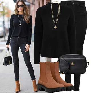 Outfit s Béžová/Zlatý/Žlutá Náhrdelník Jemný Řetízek/Bohatě zdobený Náhrdelník/Collier/Statement Náhrdelník Pilgrim "Trendový podzimní outfit"