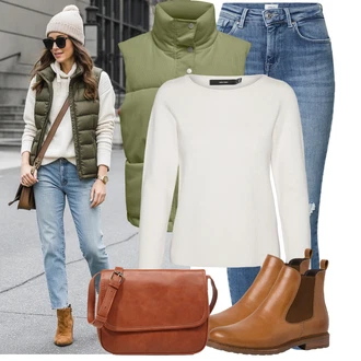 Outfit s Krémová/Khaki/Bílá/Béžová Svetry 2 v 1/Basic Svetr/Svetr Carmen/Kašmírový Svetr/Jednoduchý Svetr/Termo Svetr/Rolák/Svetr s límečkem VERO MODA "Trendový podzimní outfit"