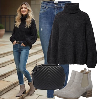 Outfit s Černá/Šedá/Tmavě šedá Mohair Pullover/Rolák/Zimní Svetr/Vlněný Svetr Edited "Trendový podzimní outfit"