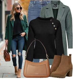 Outfit s Zelená/Tmavě Zelená Vlněný Kabát/Tweedový Kabát/Lodenový Kabát/Kabát Bouclé/Pletený Kabát/Vlněný Kabát Only "Trendový podzimní outfit"