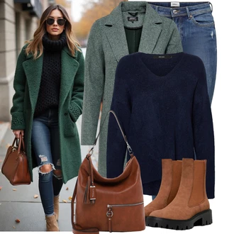 Outfit s Zelená/Tmavě Zelená Vlněný Kabát/Tweedový Kabát/Lodenový Kabát/Kabát Bouclé/Pletený Kabát/Vlněný Kabát Only "Trendový podzimní outfit"