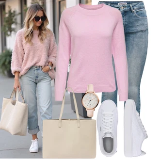 Outfit s Růžová Basic Svetr/Kašmírový Svetr/Svetr z Jemné Pleteniny/Mohair Pullover/Svetr na kojení/Svetr s Kulatým Výstřihem/Jednoduchý Svetr/Termo Svetr/Vlněný Svetr Only "Trendový podzimní outfit"