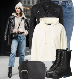 Outfit s Černá/Tmavě šedá/Růžová/Bílá Kožené Bund Bunda z Umělé Kůže/Motorkářské Bund/Kožené Bund/Motorkářská bunda/Bunda s Bočním Zipem yas "Trendový podzimní outfit" Outfit s Černá/Tmavě šedá/Růžová/Bílá Kožené Bund Bunda z Umělé Kůže/Motorkářské Bund/Kožené Bund/Motorkářská bunda/Bunda s Bočním Zipem yas "Trendový podzimní outfit"