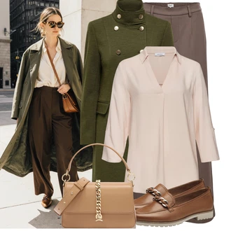 Outfit s Béžová/Khaki/Šedá/Hnědá Široká Kalhoty/Tradiční Kalhoty/Marlene Kalhoty/Palazzo Kalhoty/Mušelínové Kalhoty/Twillová Kalhoty/Kalhoty se Štěrbinou Object "Trendový podzimní outfit"