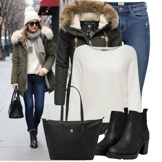 Outfit s Černá Kotníková Bota s Podšívkou/Chelsea Boty/Kožená kotníková bota/Gumová Kotníková Bota/Kožená bunda Only, Černá/Bílá Obchodní Taška/Taška/Plenková taška/Kancelářská Taška/Shopper taška/Taška Na Rameno Tommy Hilfiger "Trendový podzimní outfit"