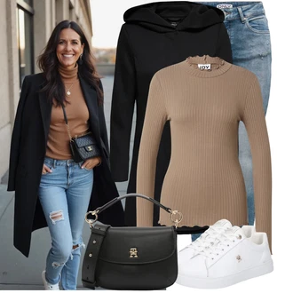 Šik Od 50 let Outfit s Bílá/Fialová/Černá/Béžová Bagetová taška/Klasická Taška Přes Rameno/Dopisová peněženka/Malá Taška/Brašna/Sportovní Taška Přes Rameno Tommy Hilfiger "Trendový podzimní outfit"Look: Rad, Šik, Egirl, Elegantní, Krásný, Kancelář, Premium