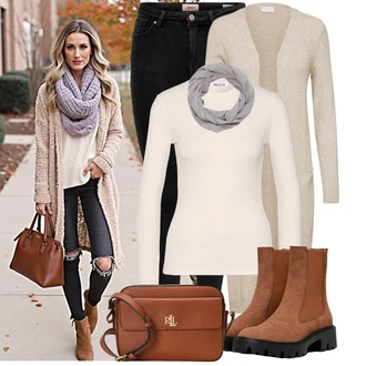 Matka nev?sty Outfit s Bé?ová/Hn?dá/Khaki Móda Pro Plno?tíhlou Pletenina ve?kej ve?kosti Vila "Trendový podzimní outfit"