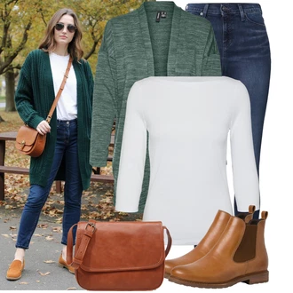 Outfit s Zelená/Tyrkysový/Tmavě zelená Pletený Oděv Dlouhé Kardigany/Letní svetr/Bavlněný svetr/Zimní svetr/Kardigán s výstřihem do V/Svetr s podšívkou/Zavinovací svetr/Vlněný kardigán VERO MODA "Vkusný podzimní outfit"