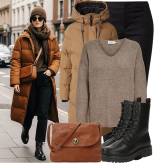 Nadrozměrné Outfit s Hnědá/Béžová Péřový Kabát/Dlouhý Péřový Kabát/Dlouhý Zimní Kabát/Parka/Přechodový Kabát/Zimní Kabát GARCIA "Vkusný podzimní outfit"Look: Hip Hop, Pro Dům, Moderní, Venkovní, Nadrozměrné