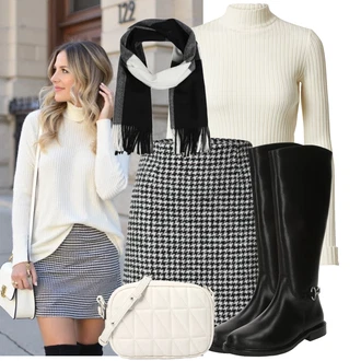 Muzikály Outfit s Černá/Bílá/Tmavě šedá Šál About You "Vkusný podzimní outfit"Look: Volný čas, Muzikály